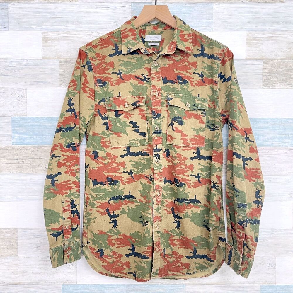 Zara Man Camo Denim Shirt Brown Embroidered Tiger Relaxed Fit Casual Mens Small